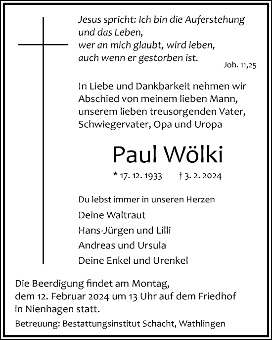 Traueranzeige von Paul Wölki von Cellesche Zeitung