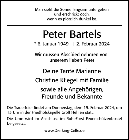 Traueranzeige von Peter Bartels von Cellesche Zeitung