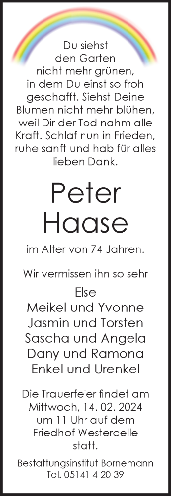  Traueranzeige für Peter Haase vom 10.02.2024 aus Cellesche Zeitung