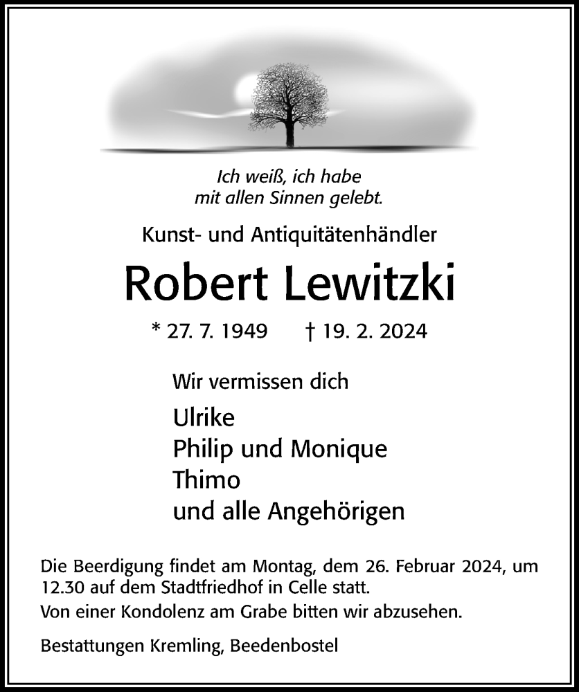  Traueranzeige für Robert Lewitzki vom 22.02.2024 aus Cellesche Zeitung