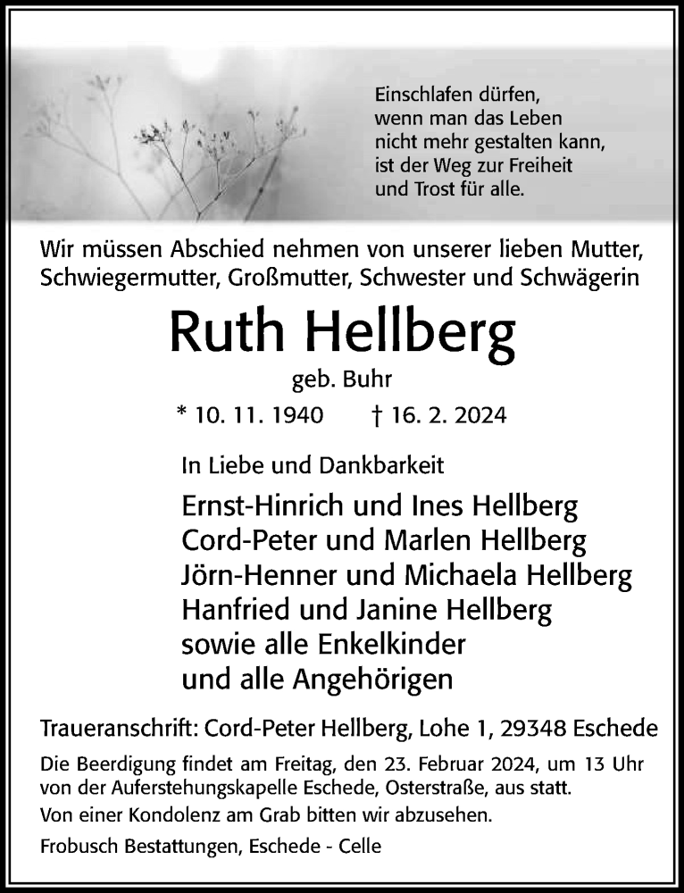  Traueranzeige für Ruth Hellberg vom 20.02.2024 aus Cellesche Zeitung