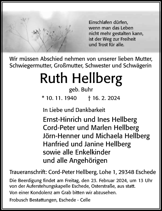 Traueranzeige von Ruth Hellberg von Cellesche Zeitung
