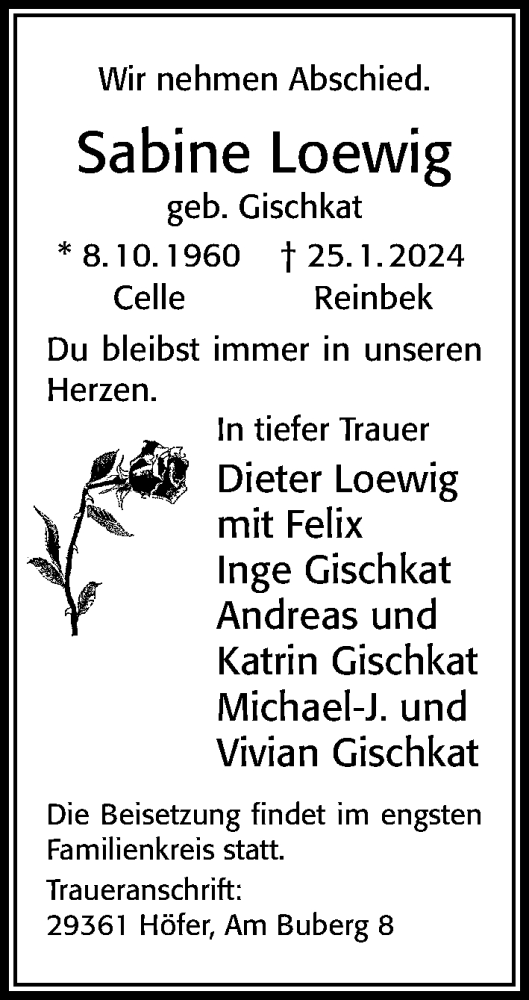  Traueranzeige für Sabine Loewig vom 10.02.2024 aus Cellesche Zeitung