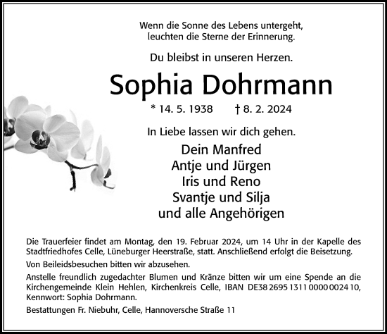 Traueranzeige von Sophia Dohrmann von Cellesche Zeitung