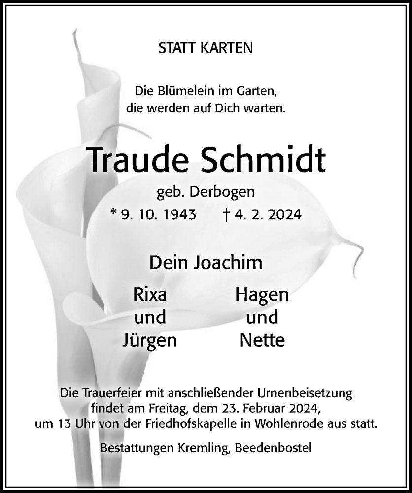  Traueranzeige für Traude Schmidt vom 10.02.2024 aus Cellesche Zeitung