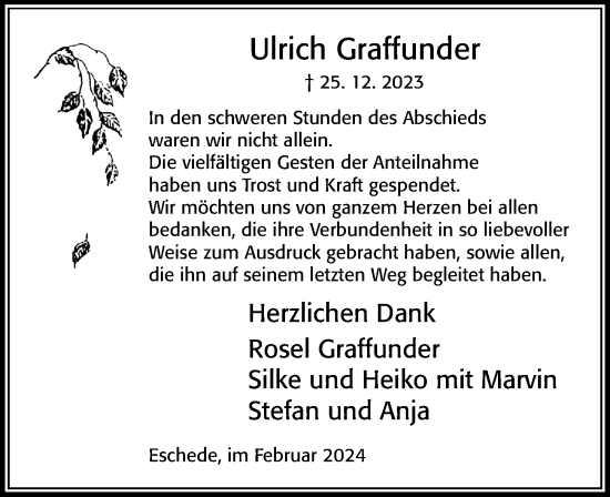 Traueranzeige von Ulrich Graffunder von Cellesche Zeitung