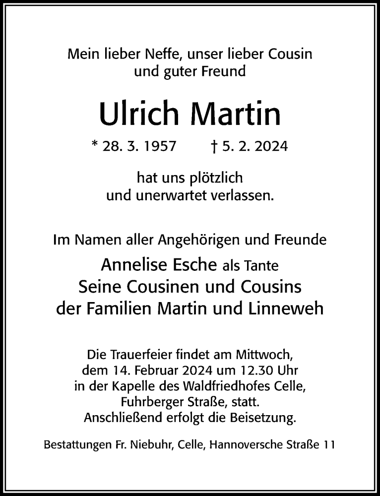  Traueranzeige für Ulrich Martin vom 10.02.2024 aus Cellesche Zeitung