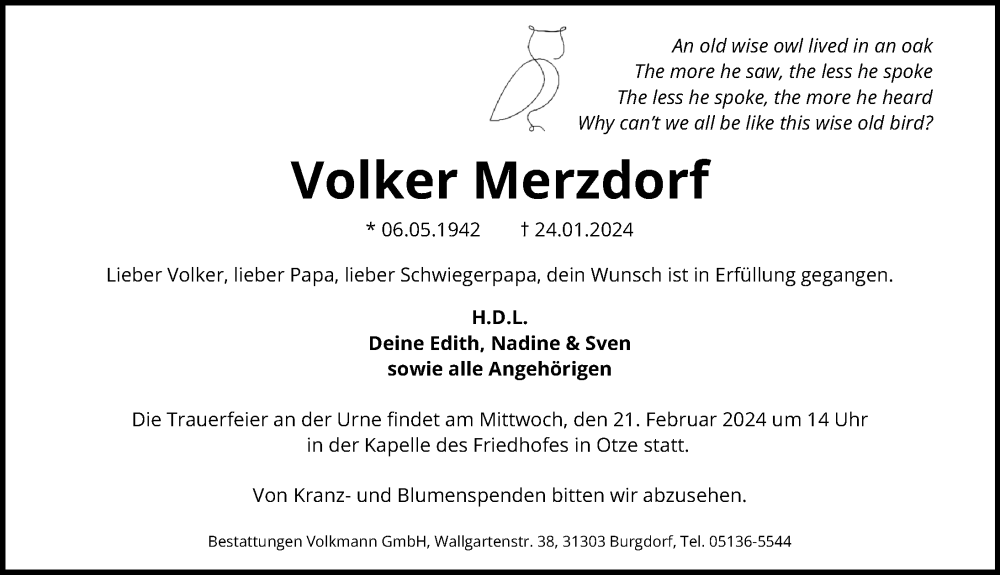  Traueranzeige für Volker Merzdorf vom 10.02.2024 aus Cellesche Zeitung