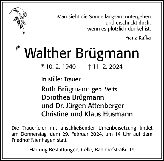 Traueranzeige von Walther Brügmann von Cellesche Zeitung