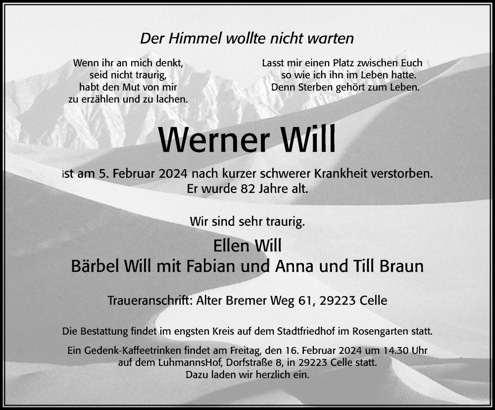  Traueranzeige für Werner Will vom 10.02.2024 aus Cellesche Zeitung