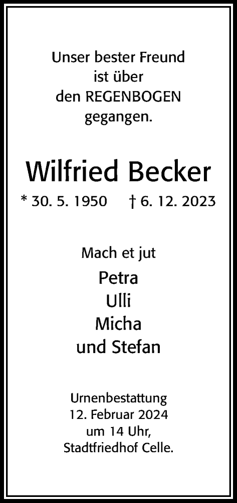  Traueranzeige für Wilfried Becker vom 10.02.2024 aus Cellesche Zeitung