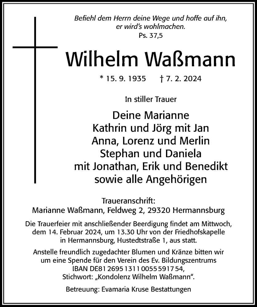  Traueranzeige für Wilhelm Waßmann vom 10.02.2024 aus Cellesche Zeitung