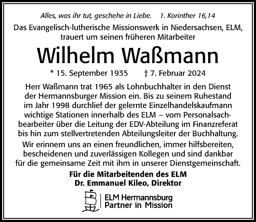  Traueranzeige für Wilhelm Waßmann vom 14.02.2024 aus Cellesche Zeitung