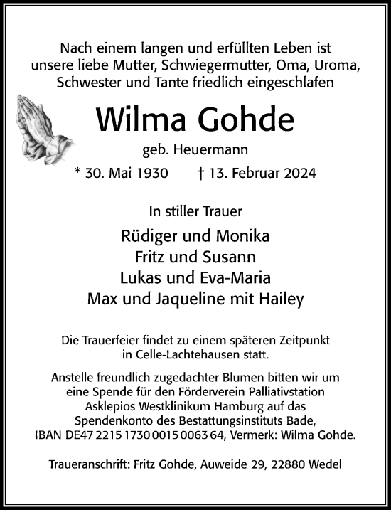 Traueranzeige von Wilma Gohde von Cellesche Zeitung