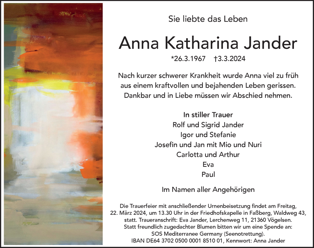  Traueranzeige für Anna Katharina Jander vom 09.03.2024 aus Cellesche Zeitung