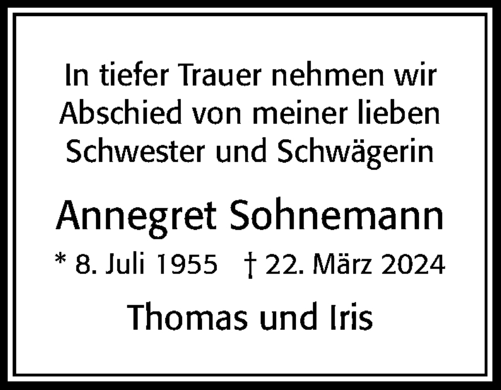  Traueranzeige für Annegret Sohnemann vom 30.03.2024 aus Cellesche Zeitung