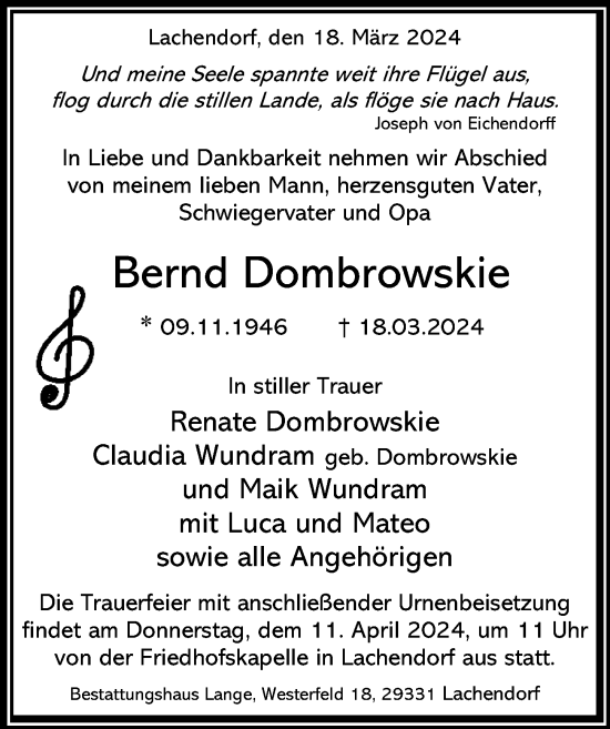 Traueranzeige von Bernd Dombrowskie von Cellesche Zeitung