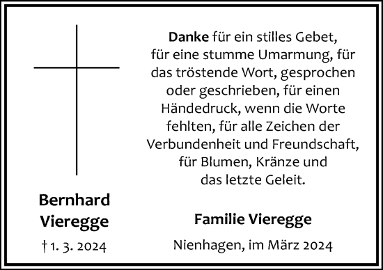 Traueranzeige von Bernhard Vieregge von Cellesche Zeitung