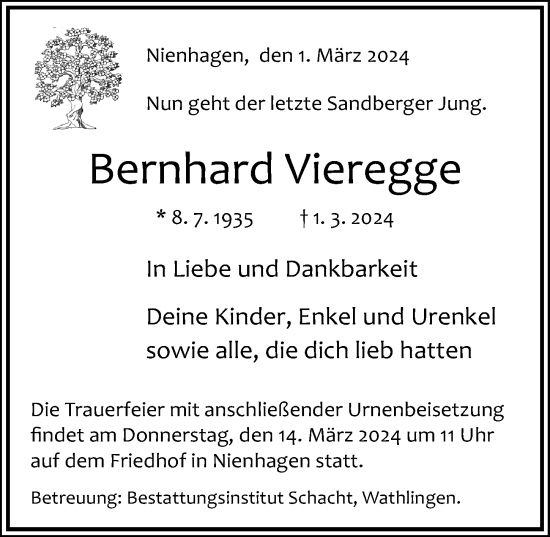 Traueranzeige von Bernhard Vieregge von Cellesche Zeitung