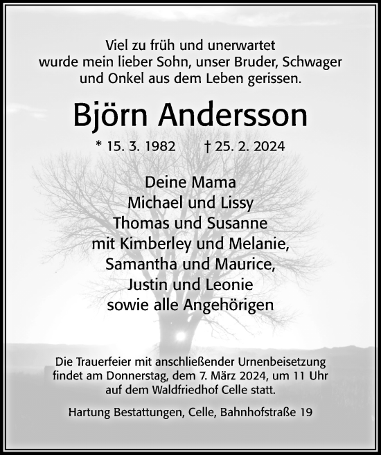 Traueranzeige von Björn Andersson von Cellesche Zeitung