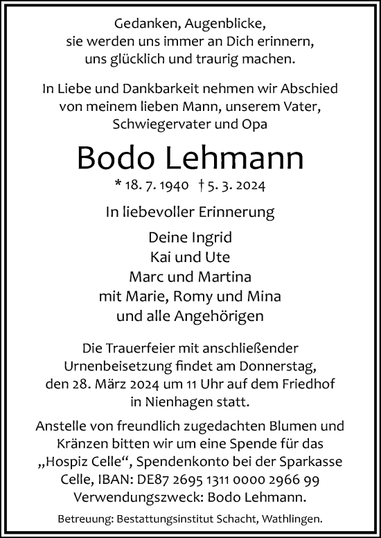 Traueranzeige von Bodo Lehmann von Cellesche Zeitung