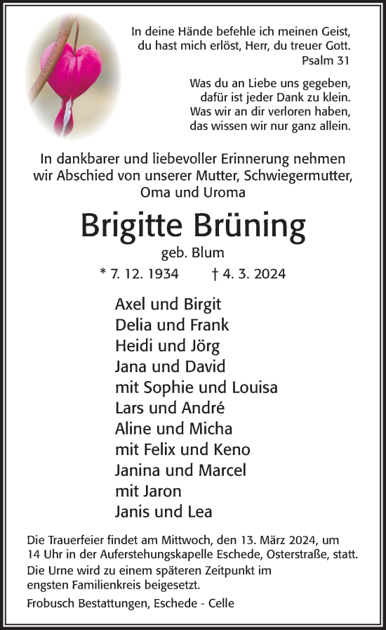 Traueranzeige von Brigitte Brüning von Cellesche Zeitung