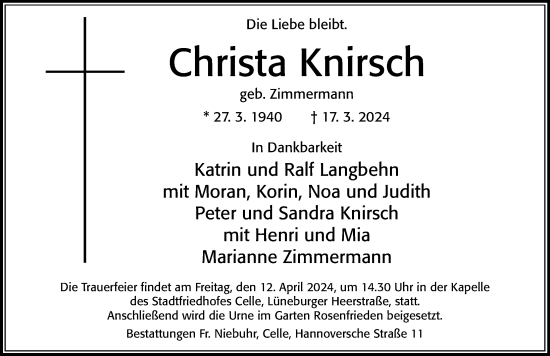 Traueranzeige von Christa Knirsch von Cellesche Zeitung