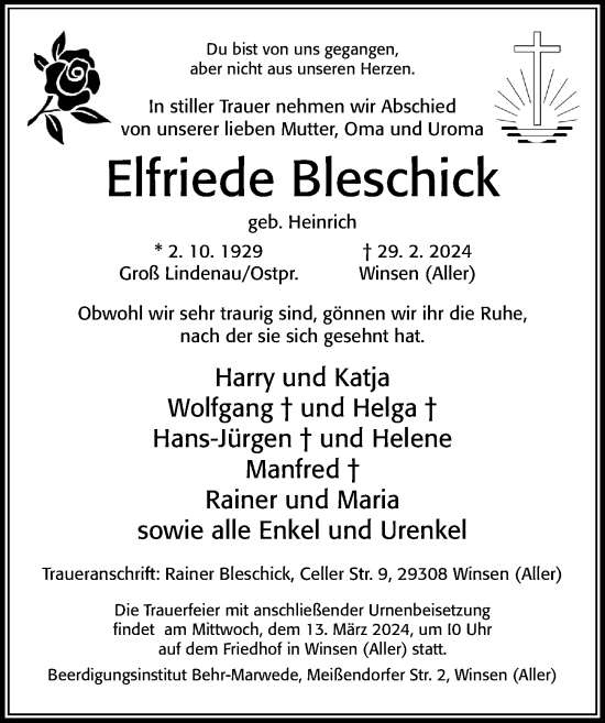 Traueranzeige von Elfriede Bleschick von Cellesche Zeitung