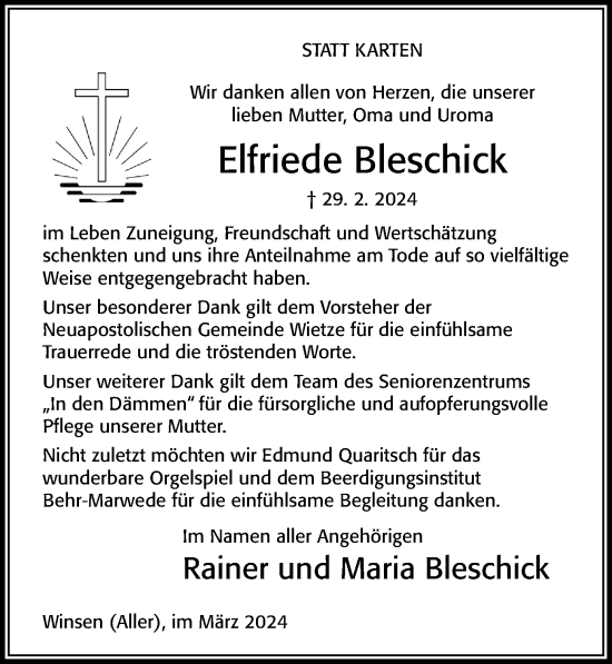 Traueranzeige von Elfriede Bleschick von Cellesche Zeitung
