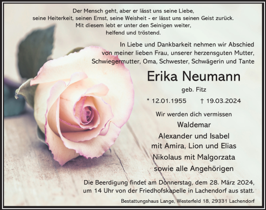 Traueranzeige von Erika Neumann von Cellesche Zeitung