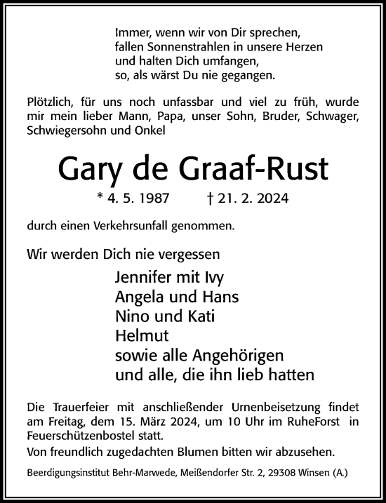 Traueranzeige von Gary de Graaf-Rust von Cellesche Zeitung