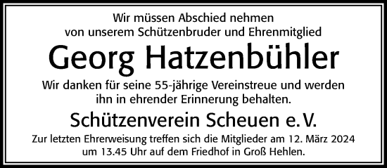Traueranzeige von Georg Hatzenbühler von Cellesche Zeitung