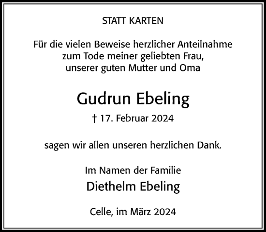 Traueranzeige von Gudrun Ebeling von Cellesche Zeitung