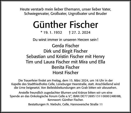 Traueranzeige von Günther Fischer von Cellesche Zeitung