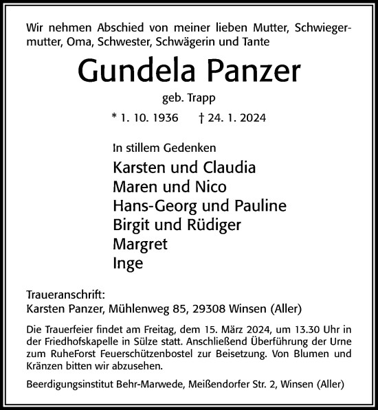 Traueranzeige von Gundela Panzer von Cellesche Zeitung