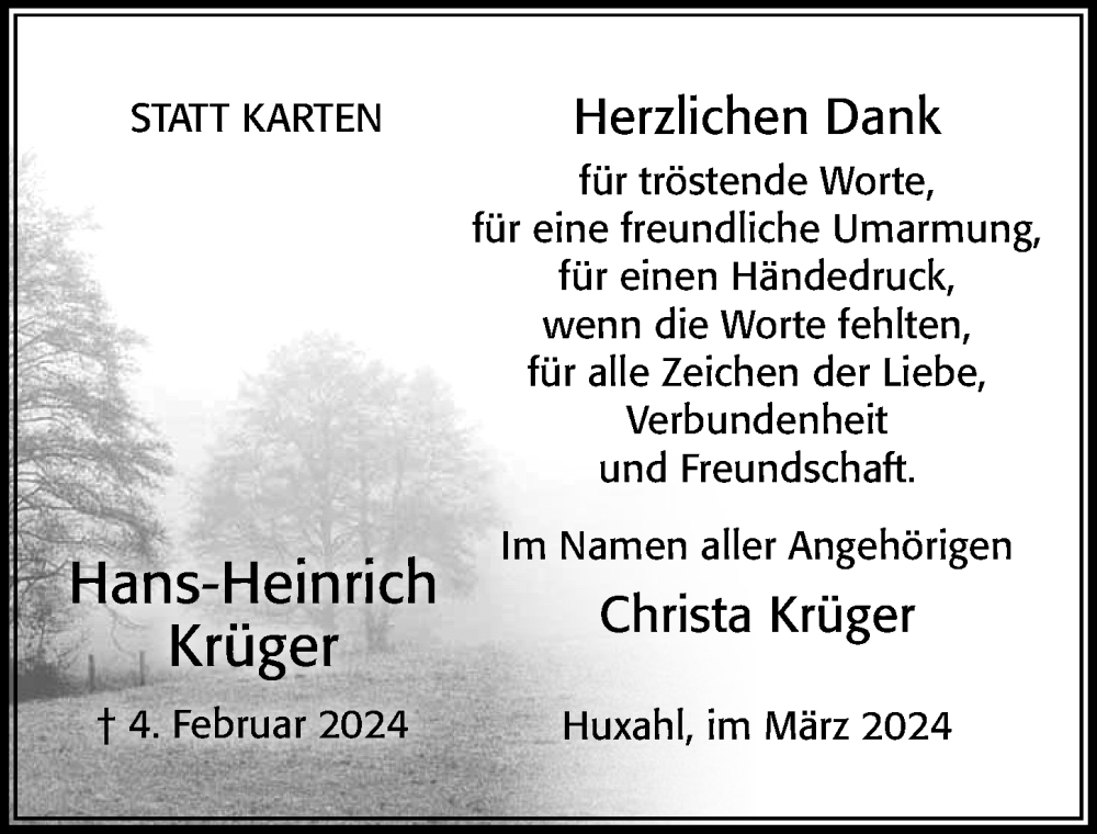  Traueranzeige für Hans-Heinrich Krüger vom 02.03.2024 aus Cellesche Zeitung