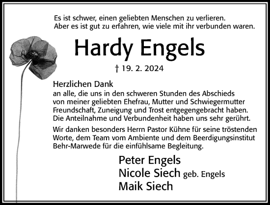 Traueranzeige von Hardy Engels von Cellesche Zeitung
