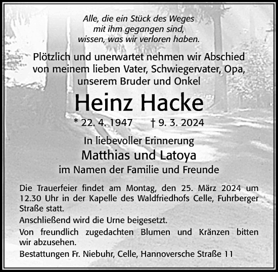 Traueranzeige von Heinz Hacke von Cellesche Zeitung