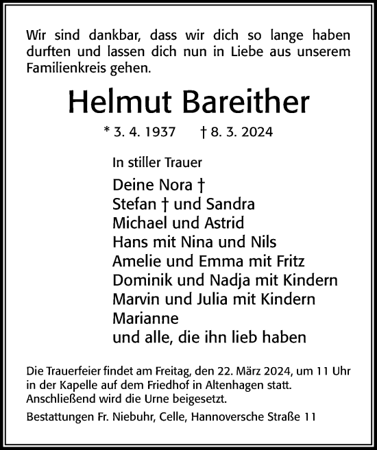 Traueranzeige von Helmut Bareither von Cellesche Zeitung