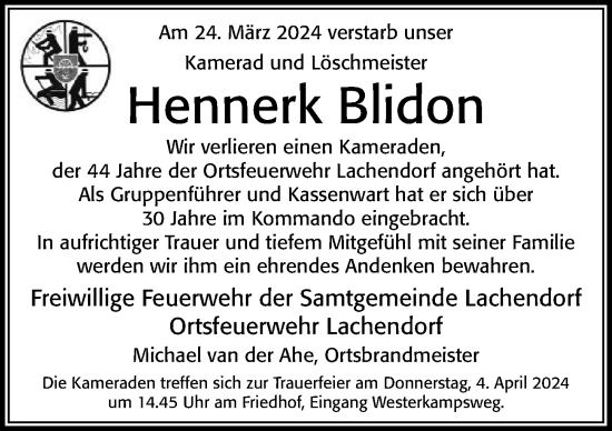 Traueranzeige von Hennerk Blidon von Cellesche Zeitung