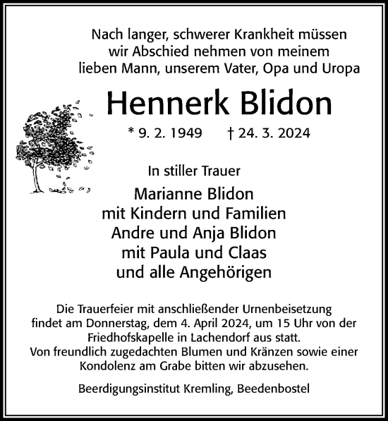 Traueranzeige von Hennerk Blidon von Cellesche Zeitung