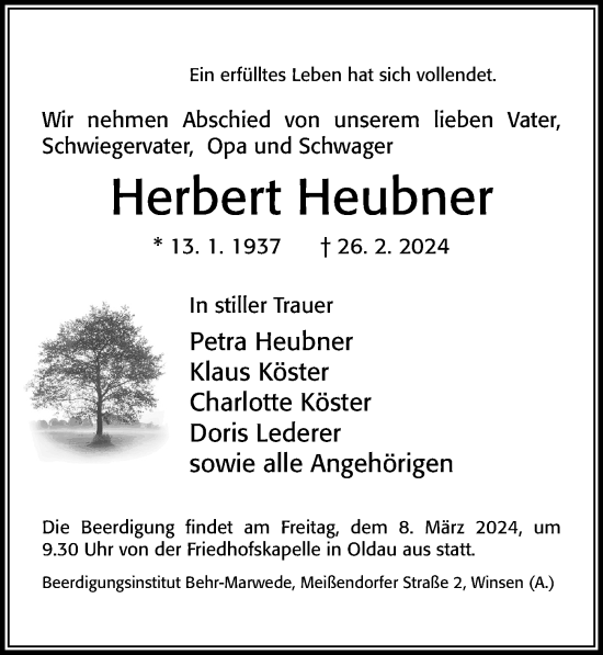Traueranzeige von Herbert Heubner von Cellesche Zeitung