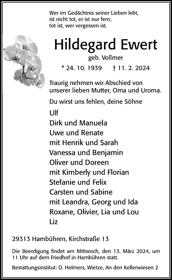 Traueranzeige von Hildegard Ewert von Cellesche Zeitung