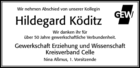 Traueranzeige von Hildegard Köditz von Cellesche Zeitung
