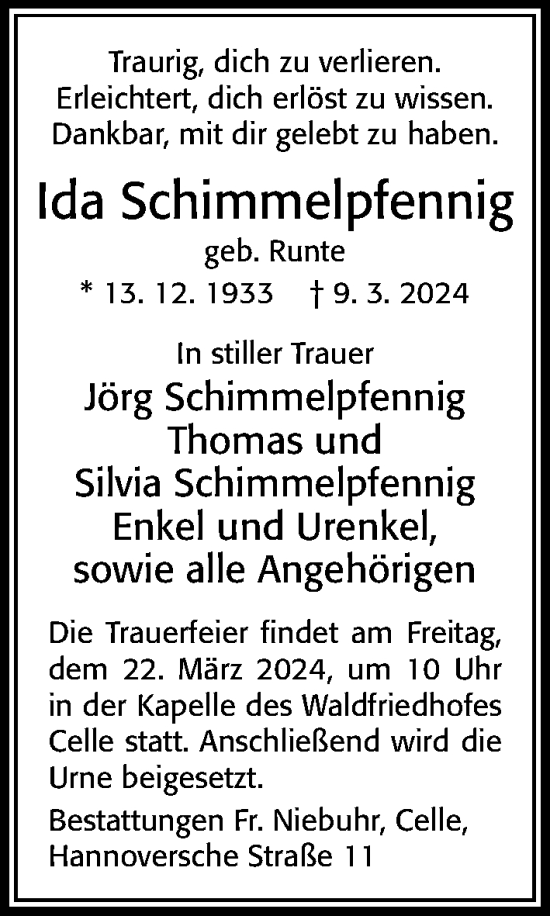 Traueranzeige von Ida Schimmelpfennig von Cellesche Zeitung