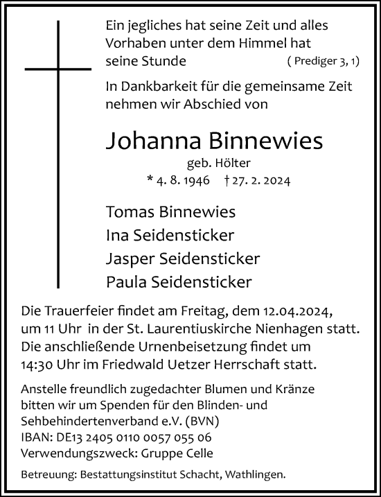 Traueranzeige von Johanna Binnewies von Cellesche Zeitung