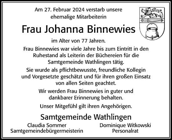 Traueranzeige von Johanna Binnewies von Cellesche Zeitung