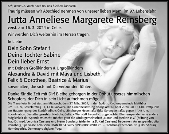 Traueranzeige von Jutta Anneliese Margarete Reinsberg von Cellesche Zeitung
