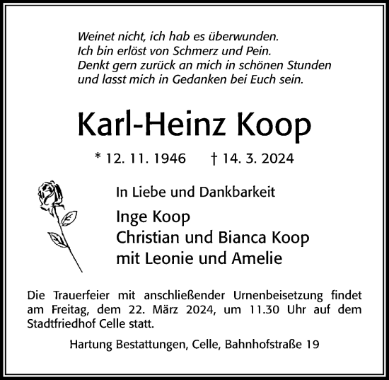 Traueranzeige von Karl-Heinz Koop von Cellesche Zeitung