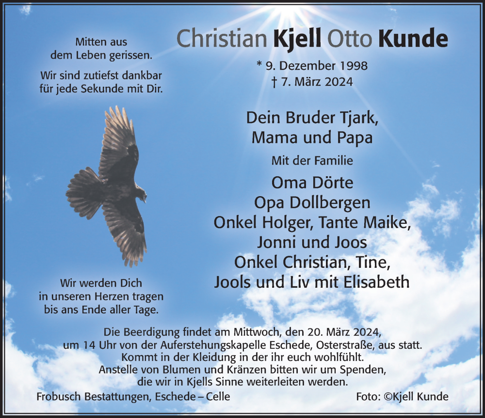  Traueranzeige für Kjell Kunde vom 16.03.2024 aus Cellesche Zeitung